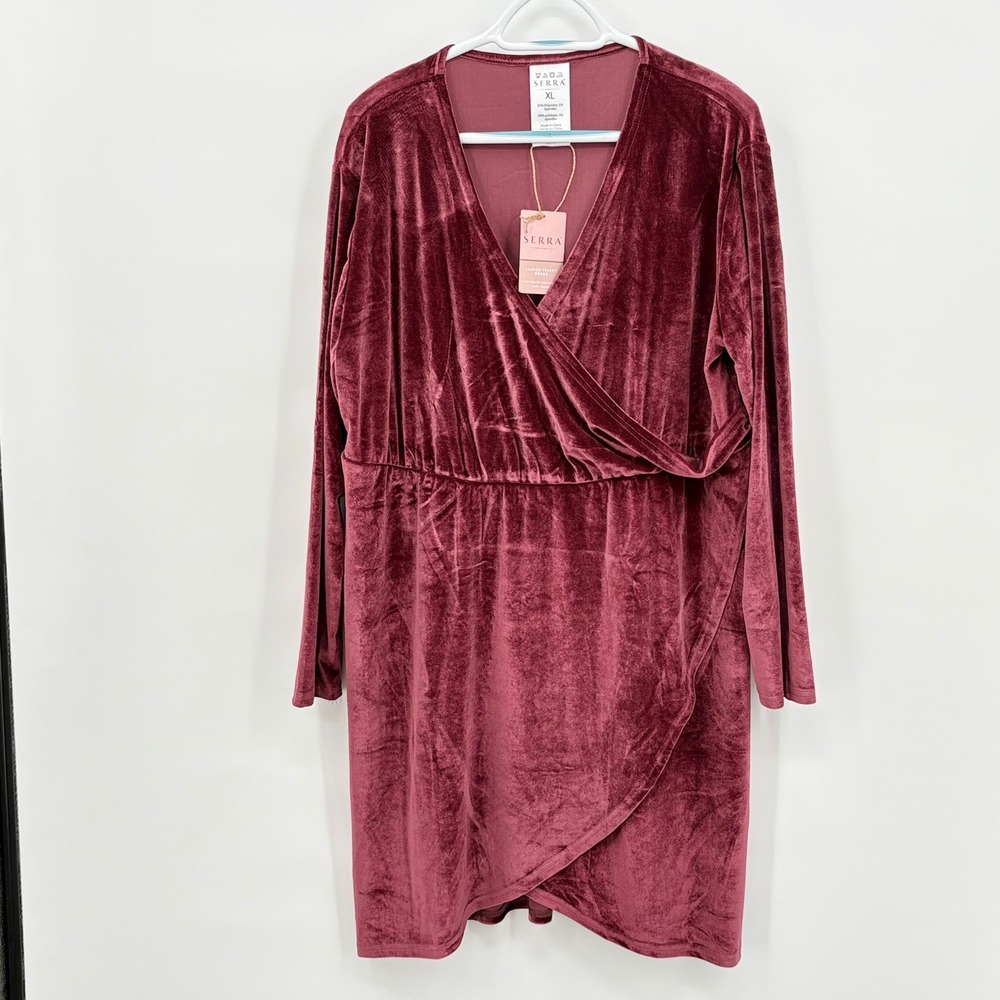 Serra Womens XL Velvet Faux Wrap Dress Long Sleeve V-Neck Maroon Burgundy New